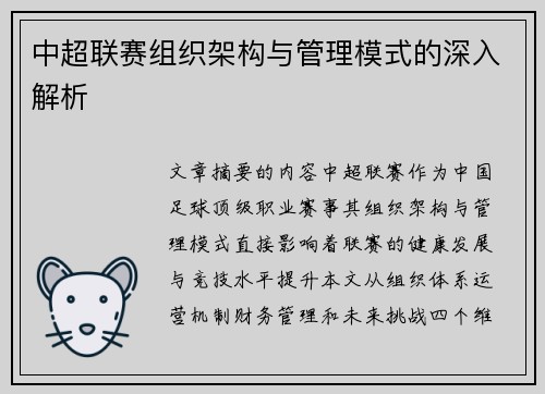 中超联赛组织架构与管理模式的深入解析
