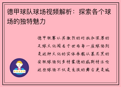 德甲球队球场视频解析：探索各个球场的独特魅力