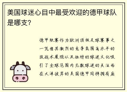 美国球迷心目中最受欢迎的德甲球队是哪支？